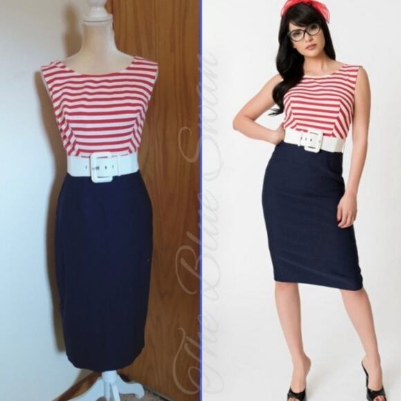 Unique Vintage X Barbie UV Cruise Stripes Dress Navy Red White Size Large K920
